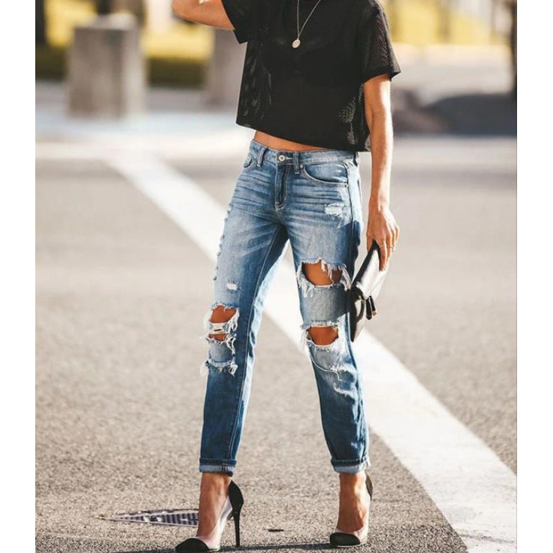 Damen Slimfit Jeans Destroyed Ausfransungen Dunkelblau Eveloria