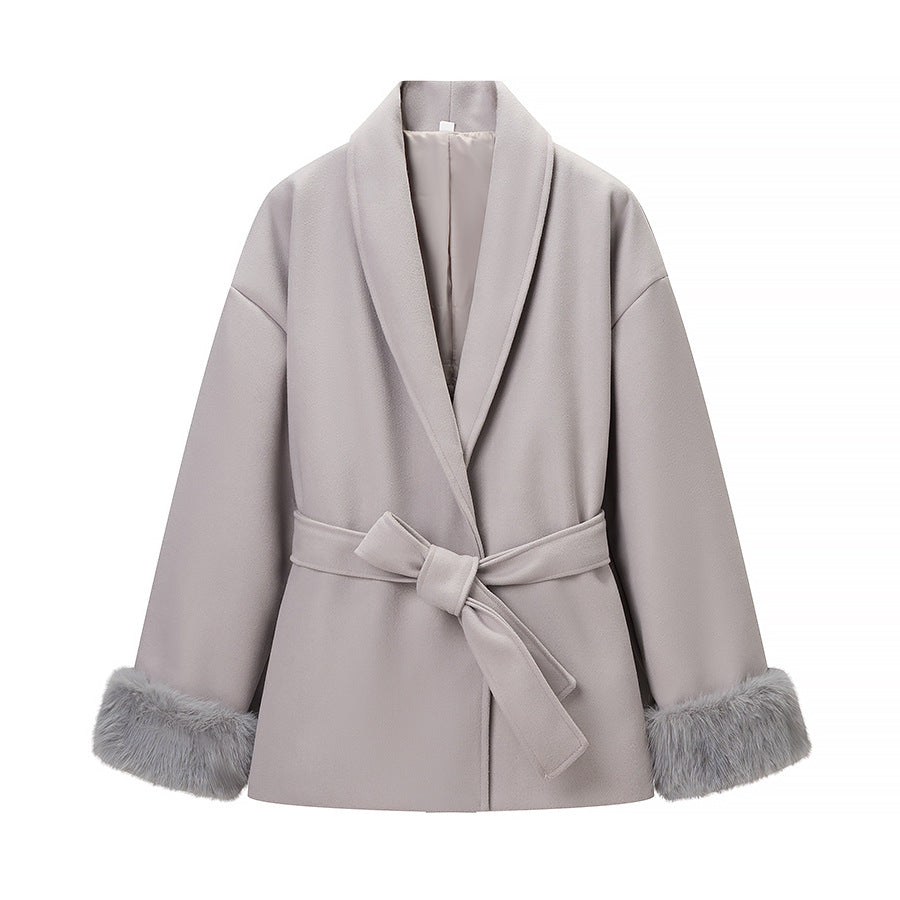 Damen Modische Jacke Weichgefütterter Kragen Bindegürtel