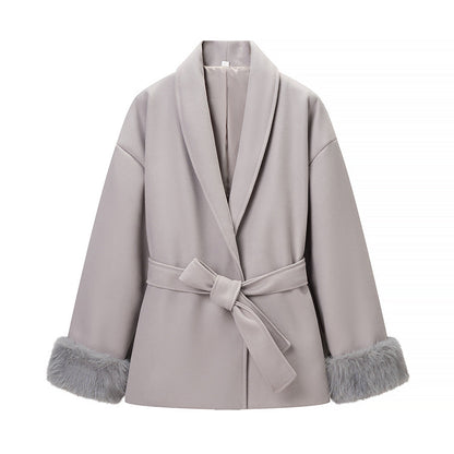 Damen Modische Jacke Weichgefütterter Kragen Bindegürtel