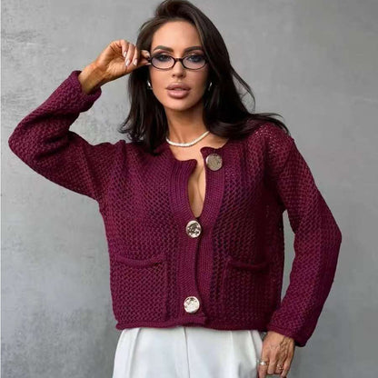 Damen Netzstrickjacke mit Taschen und Knöpfen Eveloria