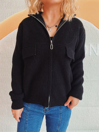 Damen Strickjacke Hochkragen Mit Taschen Anthrazit