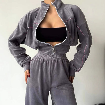Damen Fleece Trainingsanzug Kurzreißverschluss Elastischer Bund