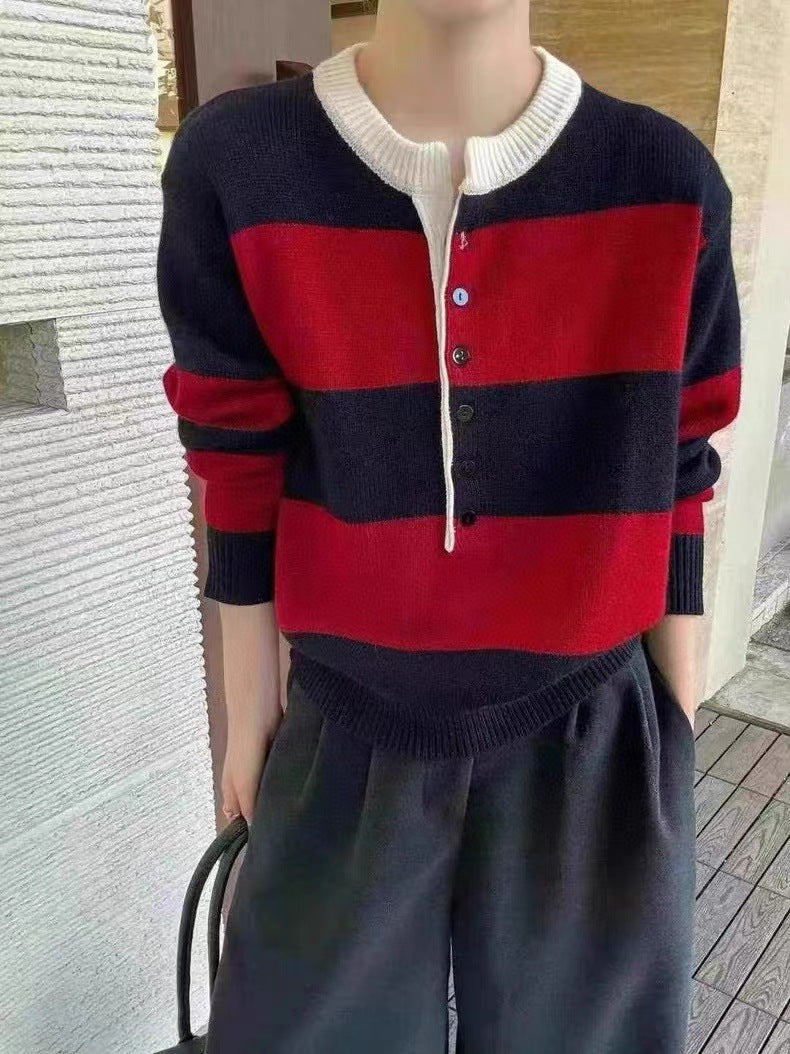 Damen Strickpullover Kurzärmlig Kontraststreifen Blau Eveloria