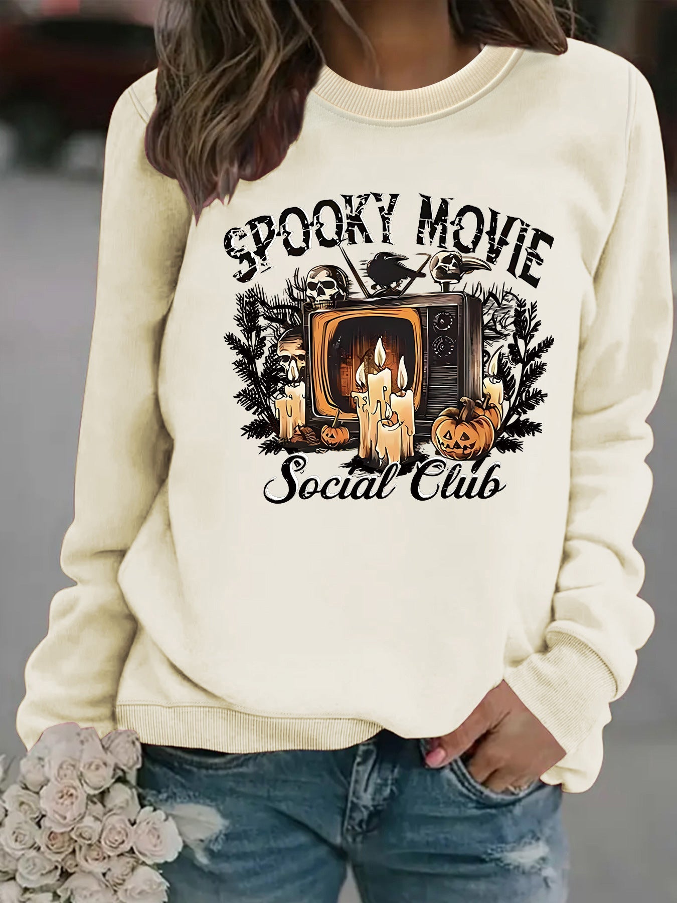 Damen Sweatshirt Spooky Film-Motiv Lässiger Schnitt Eveloria
