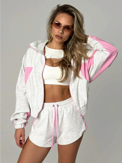 Damen Sportliches Kurzarm-Set mit Jacke und Shorts