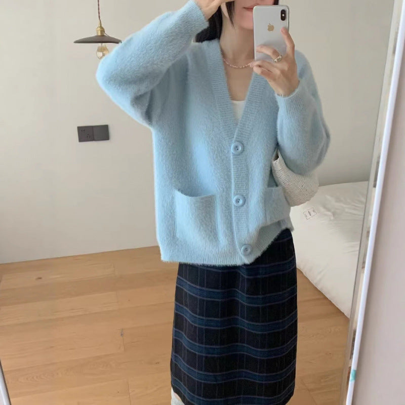 Damen Flauschiger Cardigan mit Knöpfen und Taschen Eveloria
