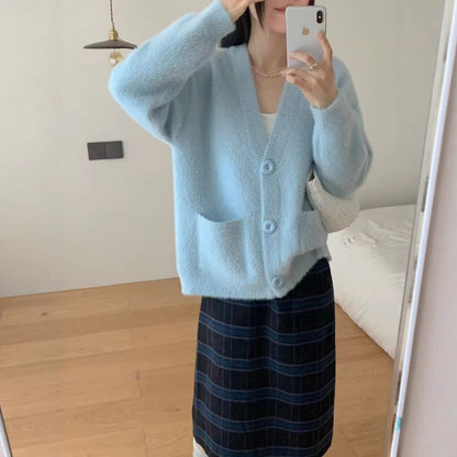Damen Flauschiger Cardigan mit Knöpfen und Taschen Eveloria