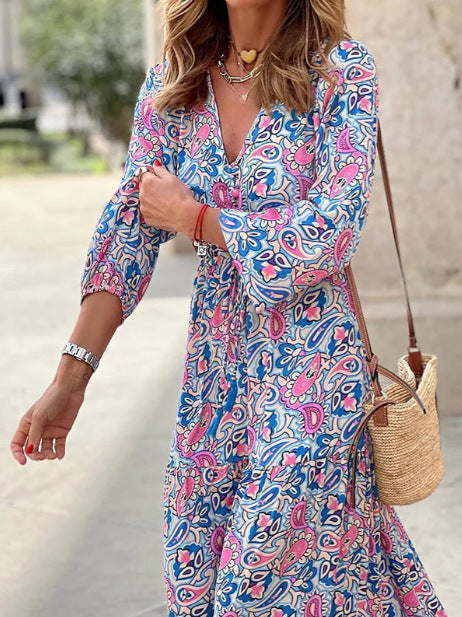 Damen Maxi-Kleid Florales Muster V-Ausschnitt Eveloria