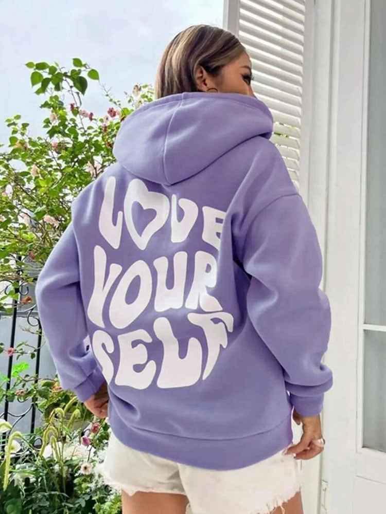 Damen Hoodie Kordelzug Kängurutasche Love Yourself Rückenprint