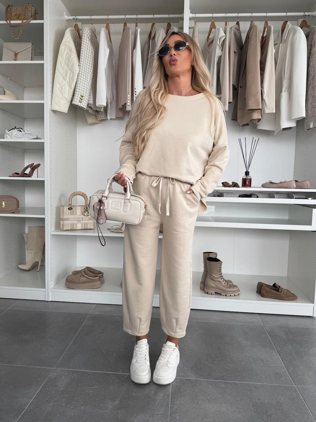 Damen Jogginganzug Set mit verstellbarem Bund Grau