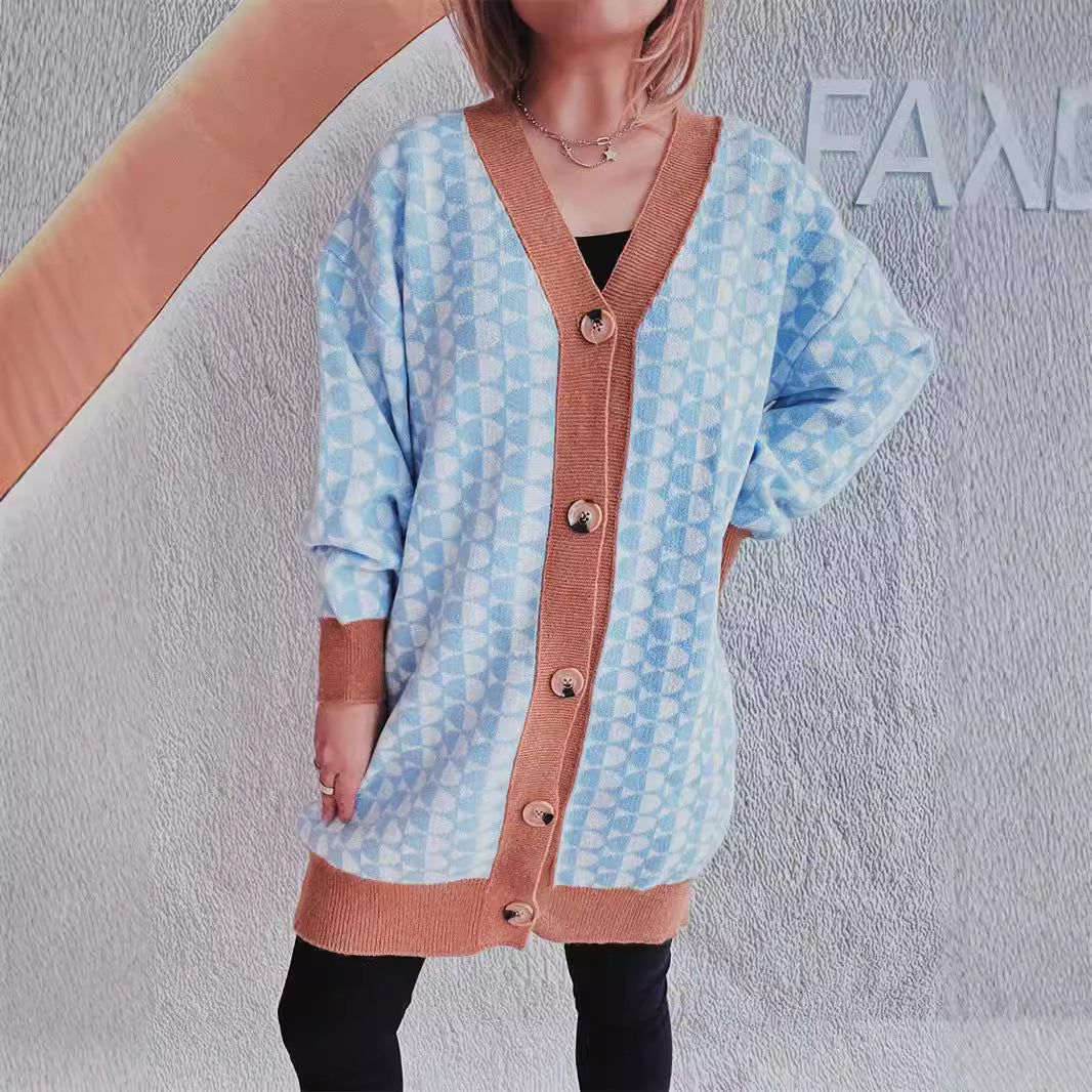 Damen Strickcardigan Geometrisches Muster Beige