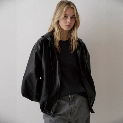 Damen Kunstlederjacke mit Kapuze Eveloria