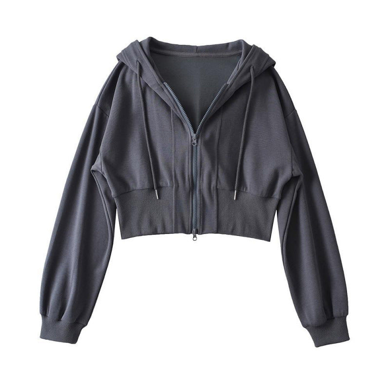Damen Cropped Kapuzenjacke Elastisch Reißverschluss Eveloria