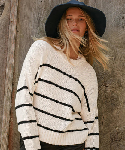 Damen Strickpullover Breite Streifen Rundhals weiß Eveloria
