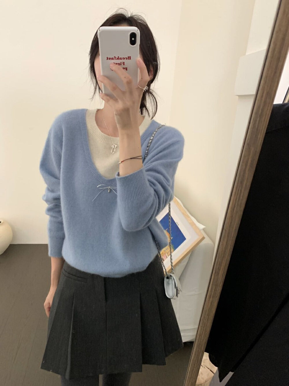 Damen Pullover V-Ausschnitt Schleifenapplikation Elegantes Design