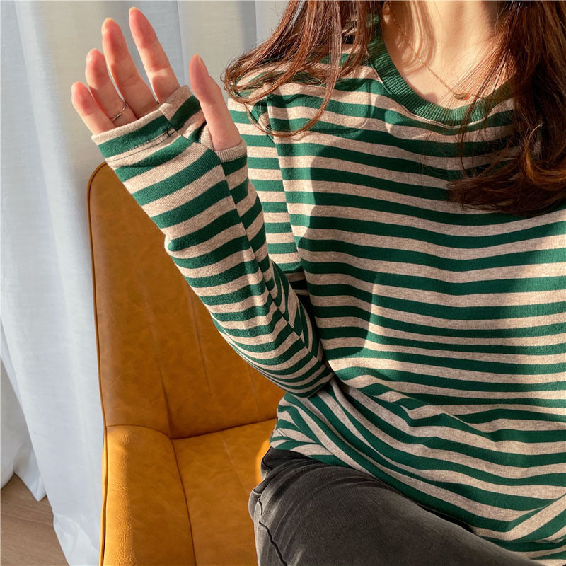 Damen Longsleeve-Shirt Streifenmuster Daumenlöcher Eveloria