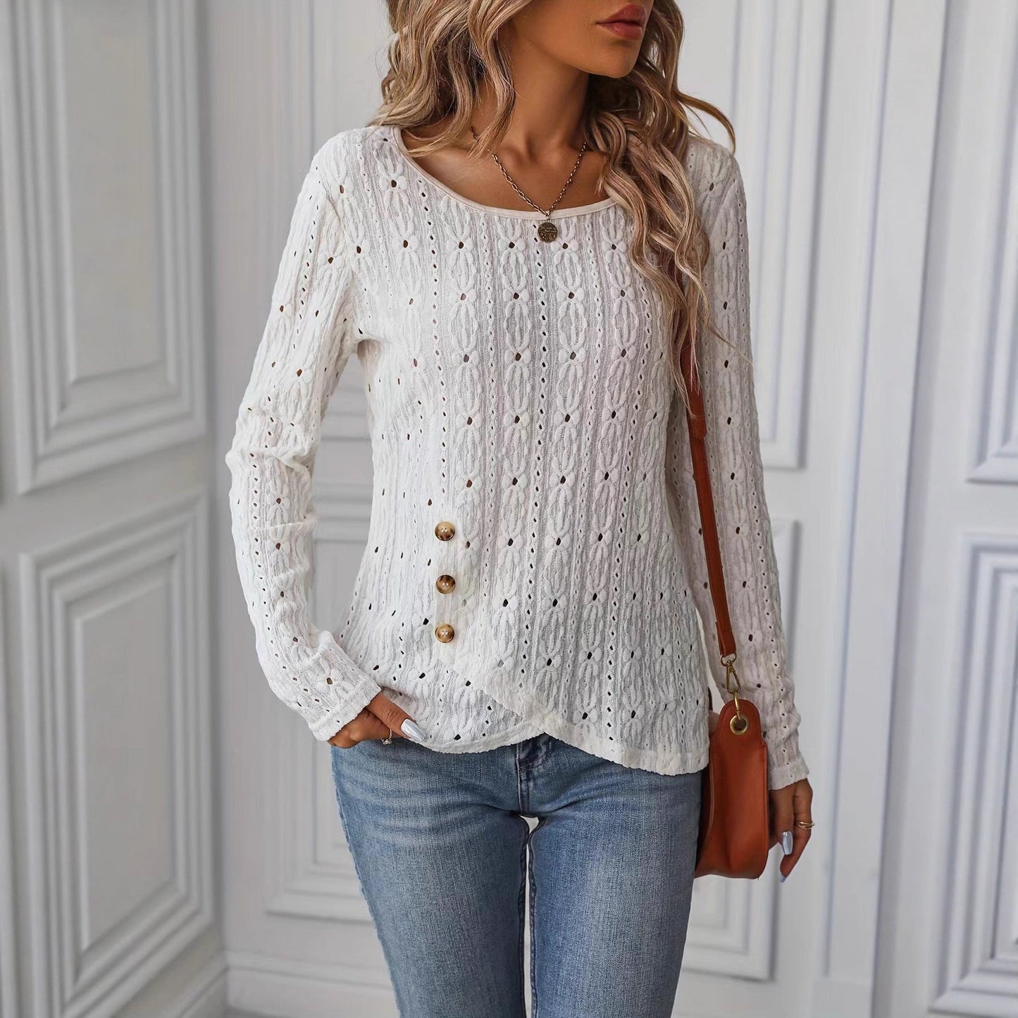 Damen Langarmshirt Dekorative Knöpfe Struktur Eveloria