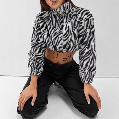 Damen Fleecejacke Cropped Zebra-Design Elastisch