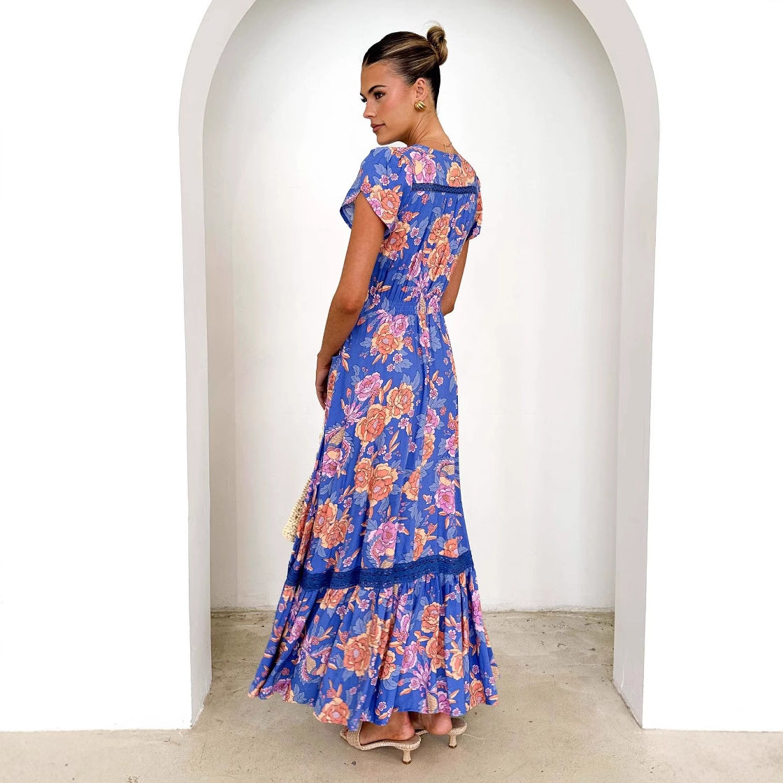 Damen Maxikleid Floralmuster V-Ausschnitt