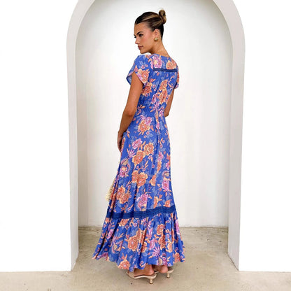 Damen Maxikleid Floralmuster V-Ausschnitt