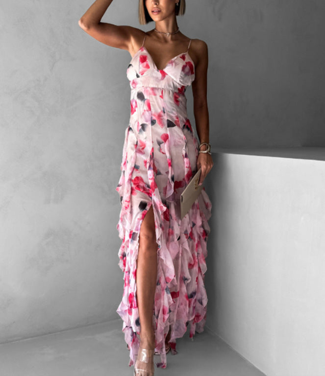 Damen Maxikleid Chiffon Fließend Rüschendetails Blumenmuster