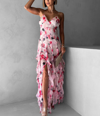 Damen Maxikleid Chiffon Fließend Rüschendetails Blumenmuster