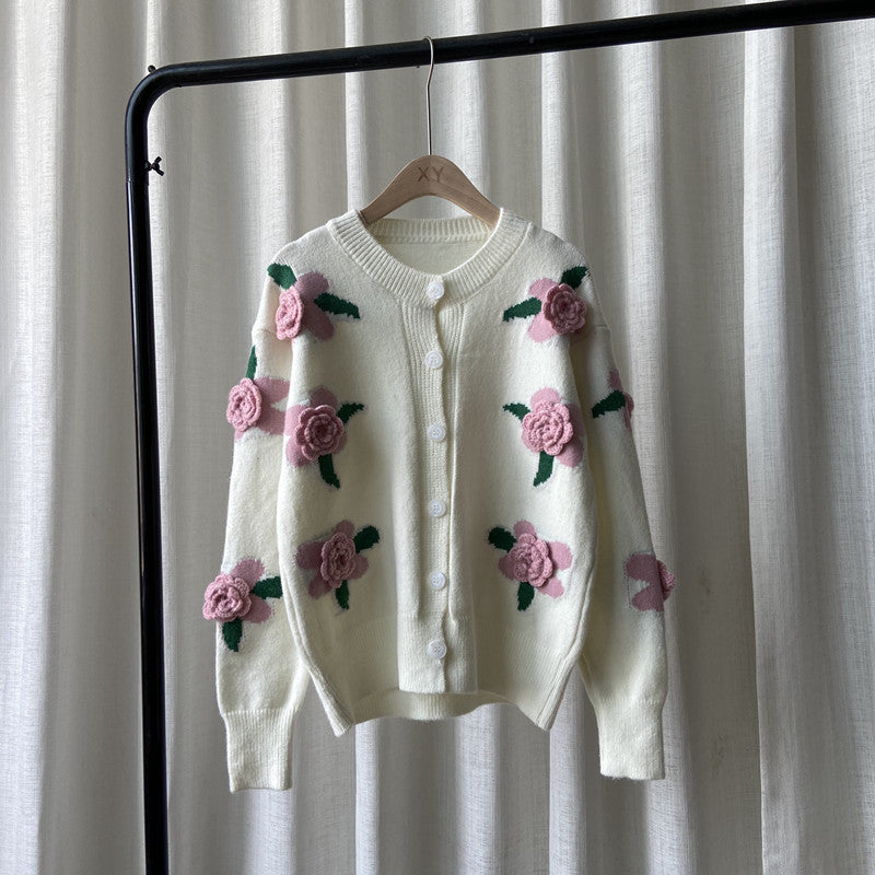 Damen Strickjacke Blumenmuster Knopfverschluss Eveloria
