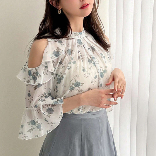 Damen Bluse Floraler Druck Transparenter Volant - Eveloria