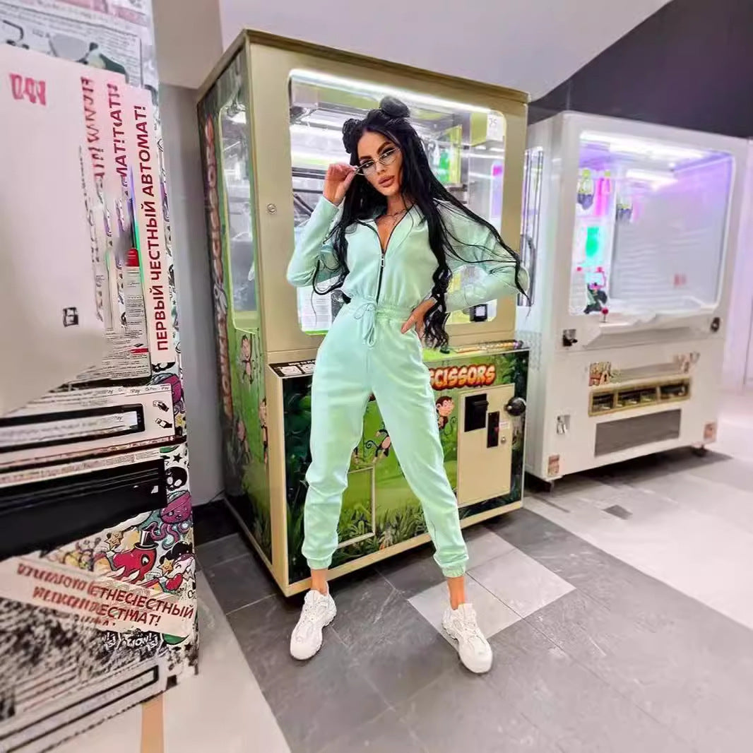 Damen Jumpsuit Bequem Kontrastreißverschluss