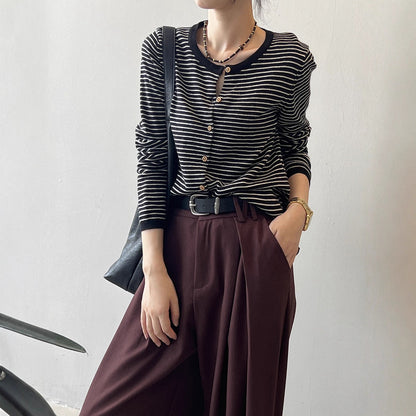 Damen Langarmshirt Maritimes Streifenmuster Baumwolle Weiß