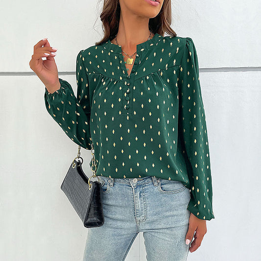 Damen Bluse Feines Punktmuster Knopfleiste Weiss - Eveloria