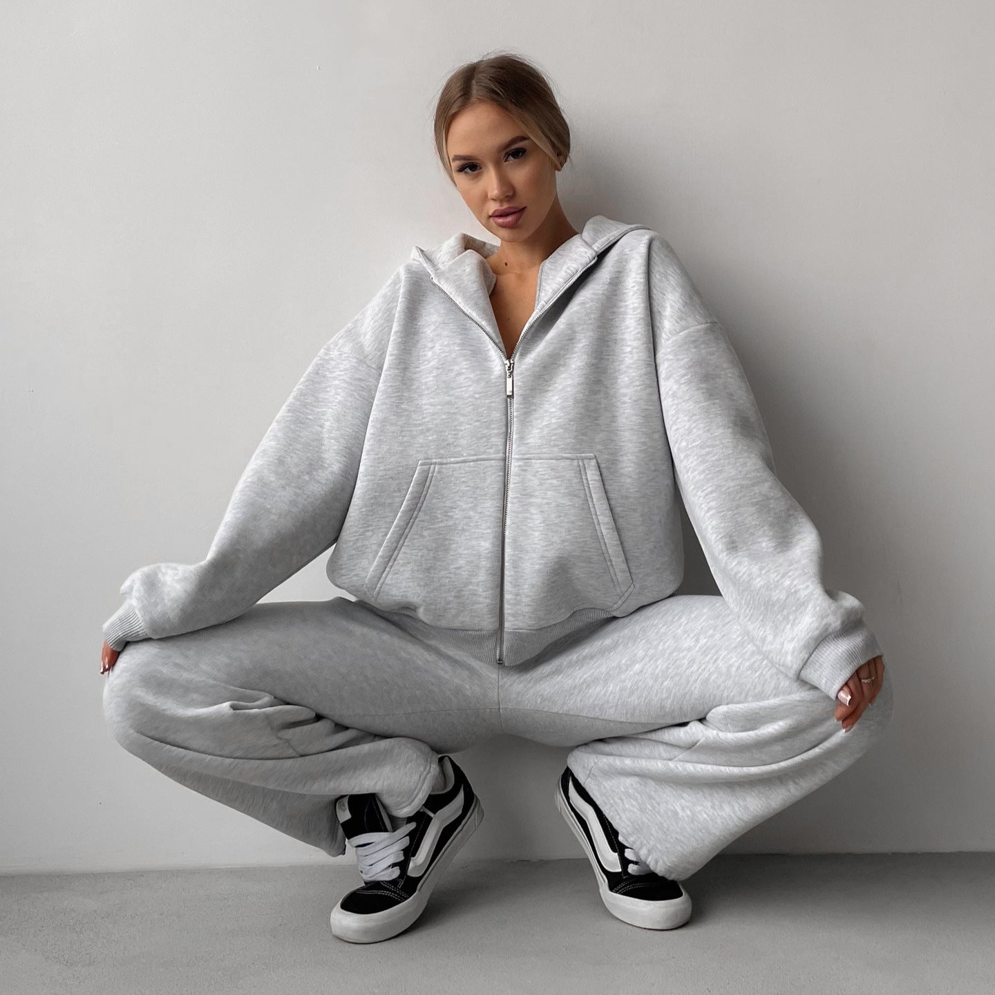 Damen Fleece-Jogginganzug Reißverschluss Weite Hose Schwarz Eveloria - Eveloria