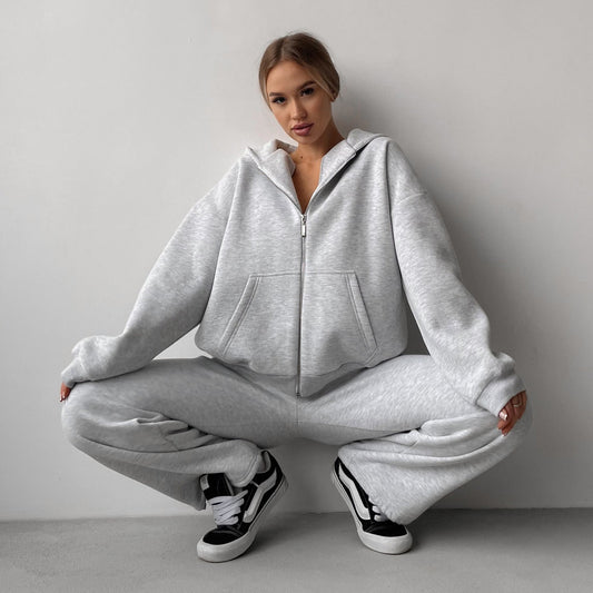 Damen Fleece-Jogginganzug Reißverschluss Weite Hose Schwarz Eveloria - Eveloria