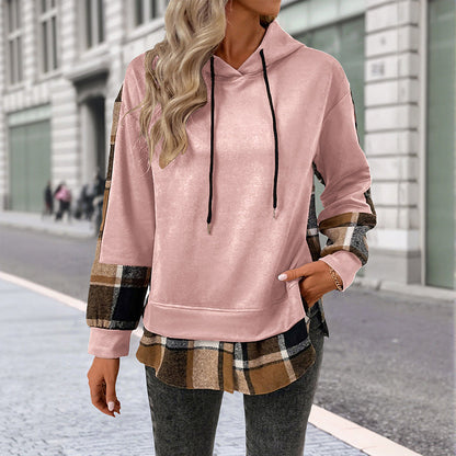 Damen Kapuzenpullover Kariert Patchwork Baumwolle
