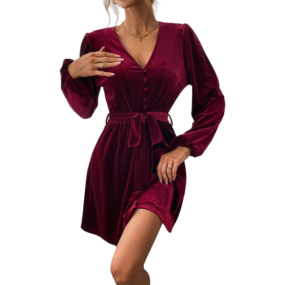 Damen Samtkleid V-Ausschnitt Taillengürtel Eveloria