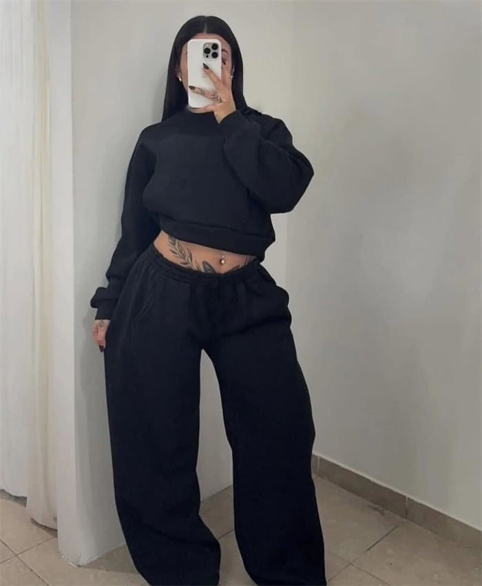 Damen Sweatshirt Set Cropped Oberteil Weite Jogginghosen Grau
