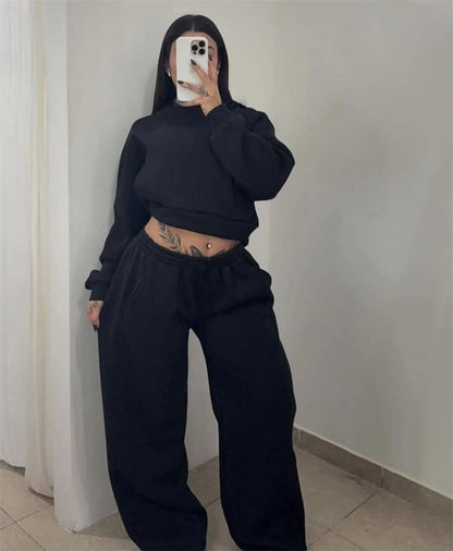 Damen Sweatshirt Set Cropped Oberteil Weite Jogginghosen Grau