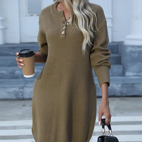 Damen Strickkleid Lässiger Schnitt Mit Knöpfen Beige - Eveloria