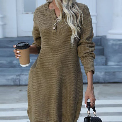 Damen Strickkleid Lässiger Schnitt Mit Knöpfen Beige - Eveloria