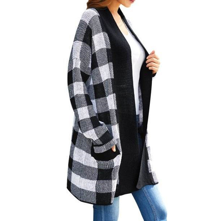 Damen Cardigan Grobstrick Karomuster Lässig Beige