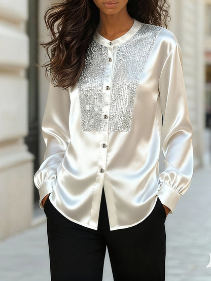 Damen Satinbluse mit Paillettenbesatz Elegant