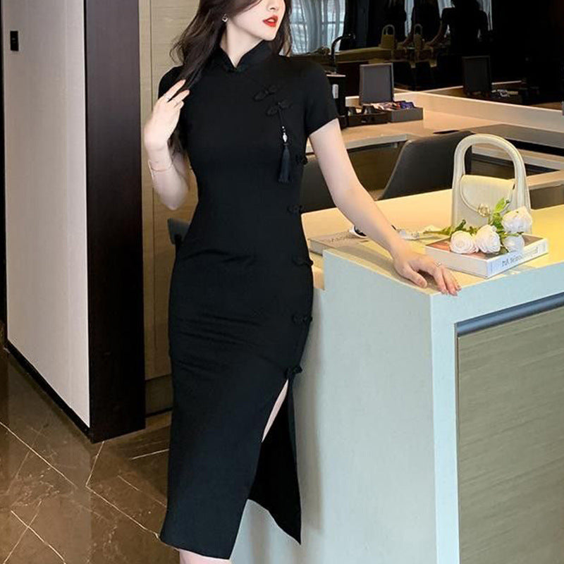 Eveloria Damen Bodycon-Kleid Kurzärmelig Hochschlitz Schwarz - Eveloria