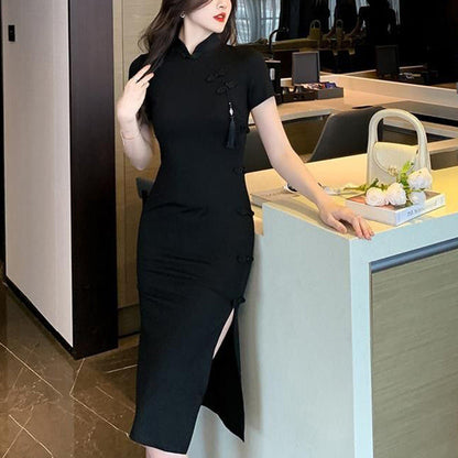 Eveloria Damen Bodycon-Kleid Kurzärmelig Hochschlitz Schwarz - Eveloria