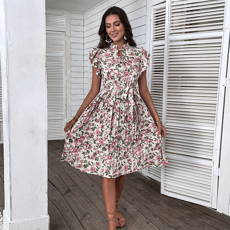 Damen Kleid Florales Muster Rüschenbesatz Eveloria