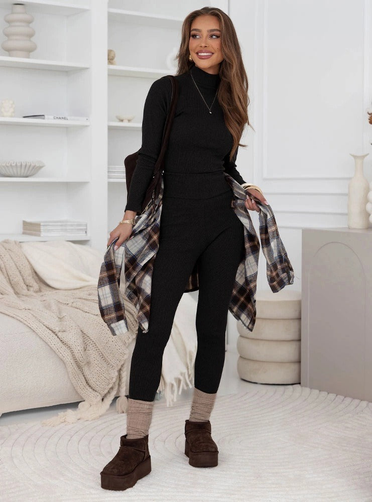 Damen Leggings-Set Hochgeschlossenes Oberteil Rippstruktur