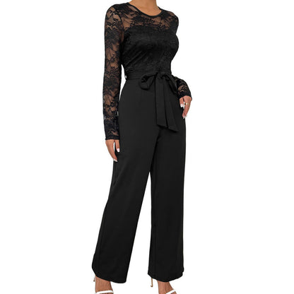Damen Jumpsuit Spitzenoberteil Taillengürtel Eveloria