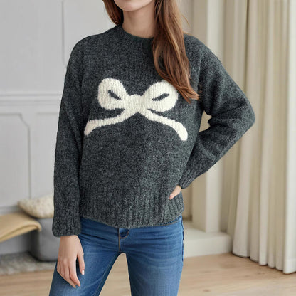 Damen Pullover Schleifenmotiv Kuschelfleece Weiß