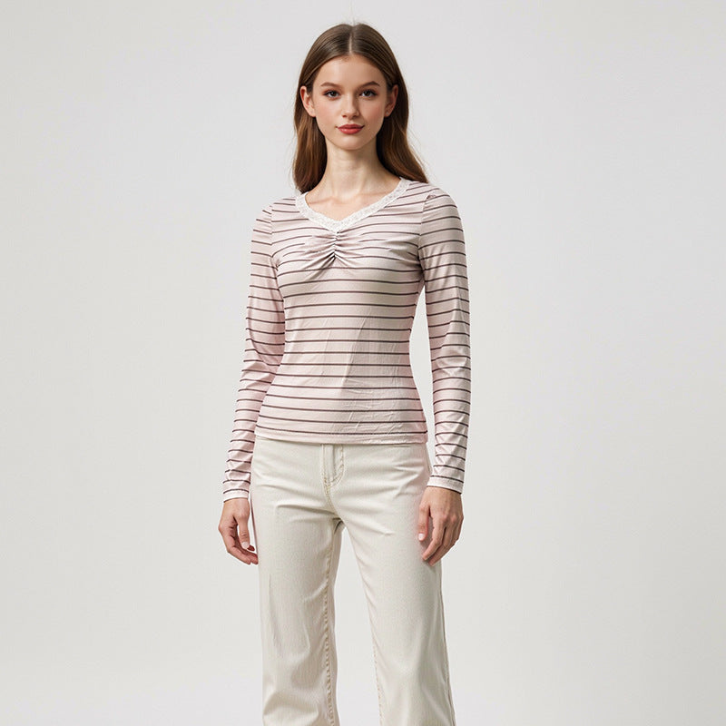 Damen Langarmshirt Gestreift mit Rüschendetails Eveloria