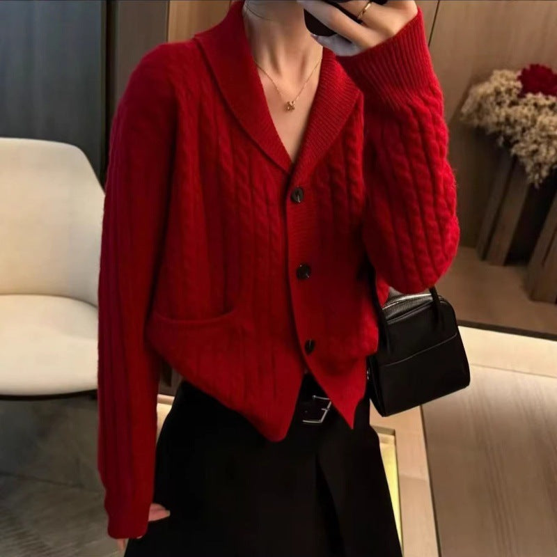 Damen Strickjacke Zopfmuster Aufgesetzte Taschen Eveloria