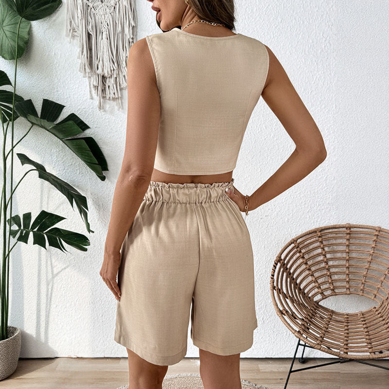 Damen Ärmelloses Zweiteiler-Set mit Knöpfen Elegant